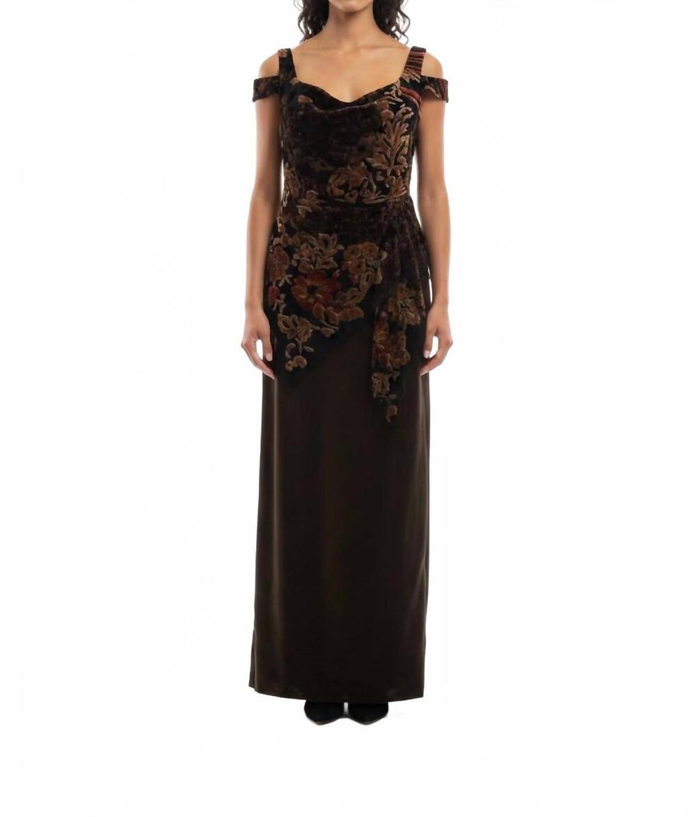NEW SYLVIA STANDING floral pattern strappy evening dress in black/brown